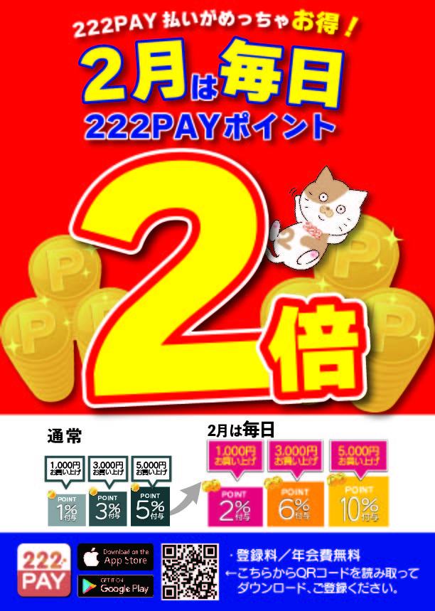 2月は222PAYポイント毎日2倍